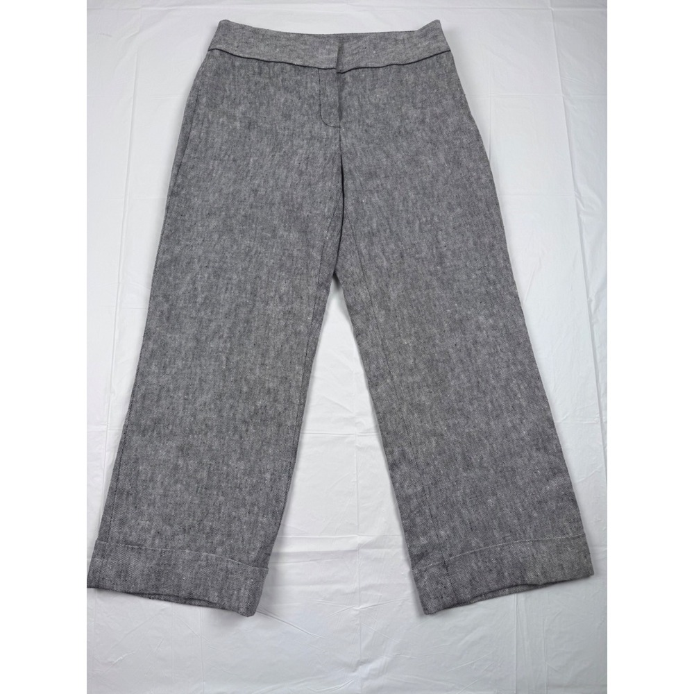 Ann Taylor Womens 2 Black White 100% Linen Wide Leg Cuffed Trousers Pants Grey